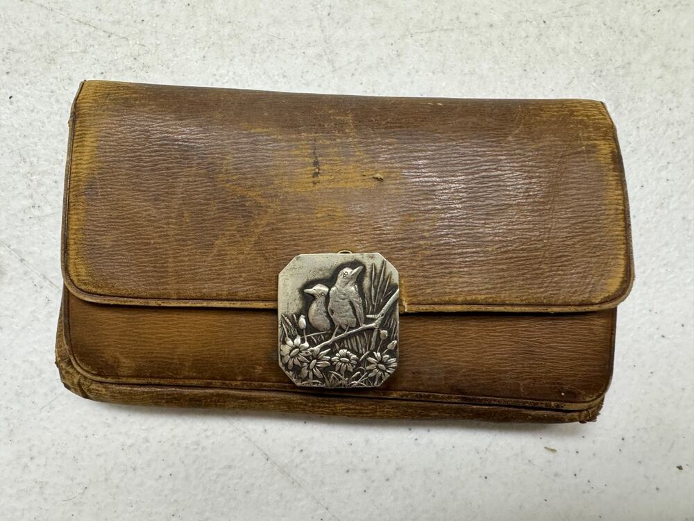 Vtg Art Nouveau Hand Box Purse Brown Leather Silver Tone Bird on Branch Clasp